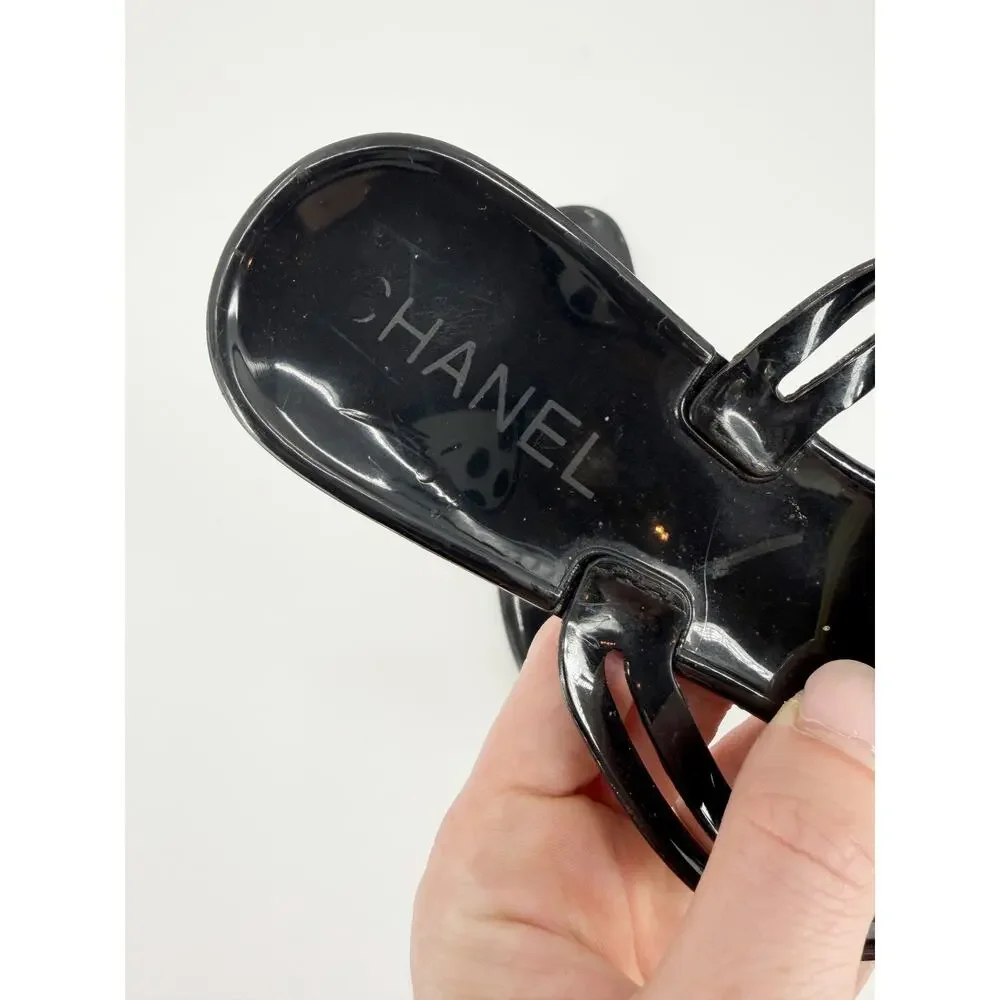 Chanel Camellia Jelly Thong Sandals Black Ivory Rubber CC Logo Flat Shoes 38